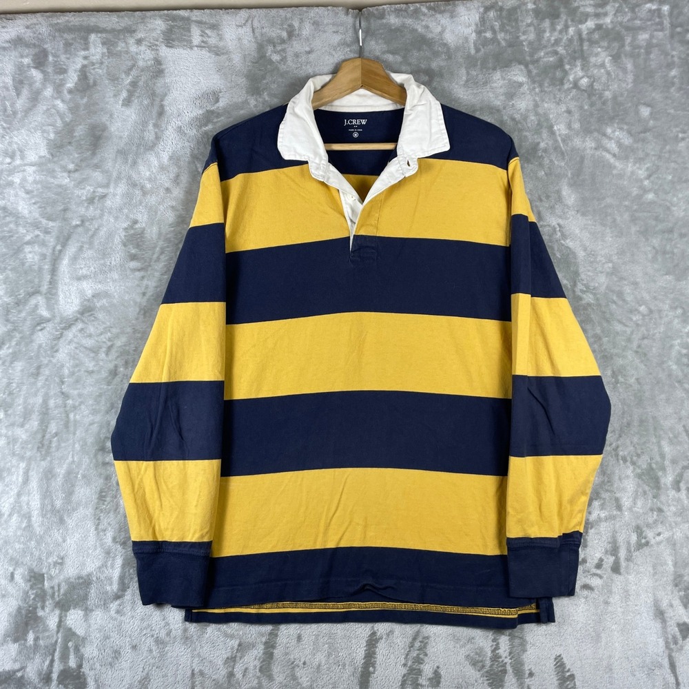 J Crew Rugby Shirt Mens Medium Yellow Blue Striped Long Sleeve Polo Lightweight
